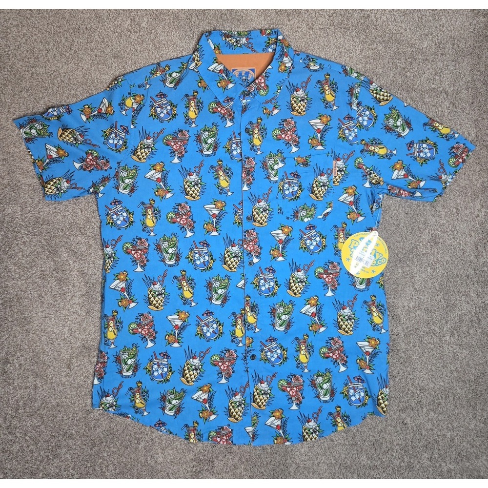 Pardy Time Sundy Funday Tropical Graphic Button-Up Shirt Blue Short Sleeve M